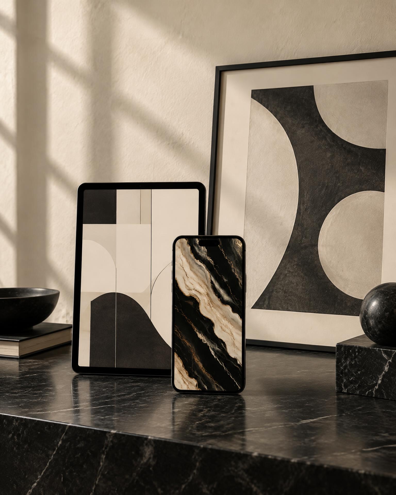 Maison Manifest wallpapers shown on a phone, tablet and framed print